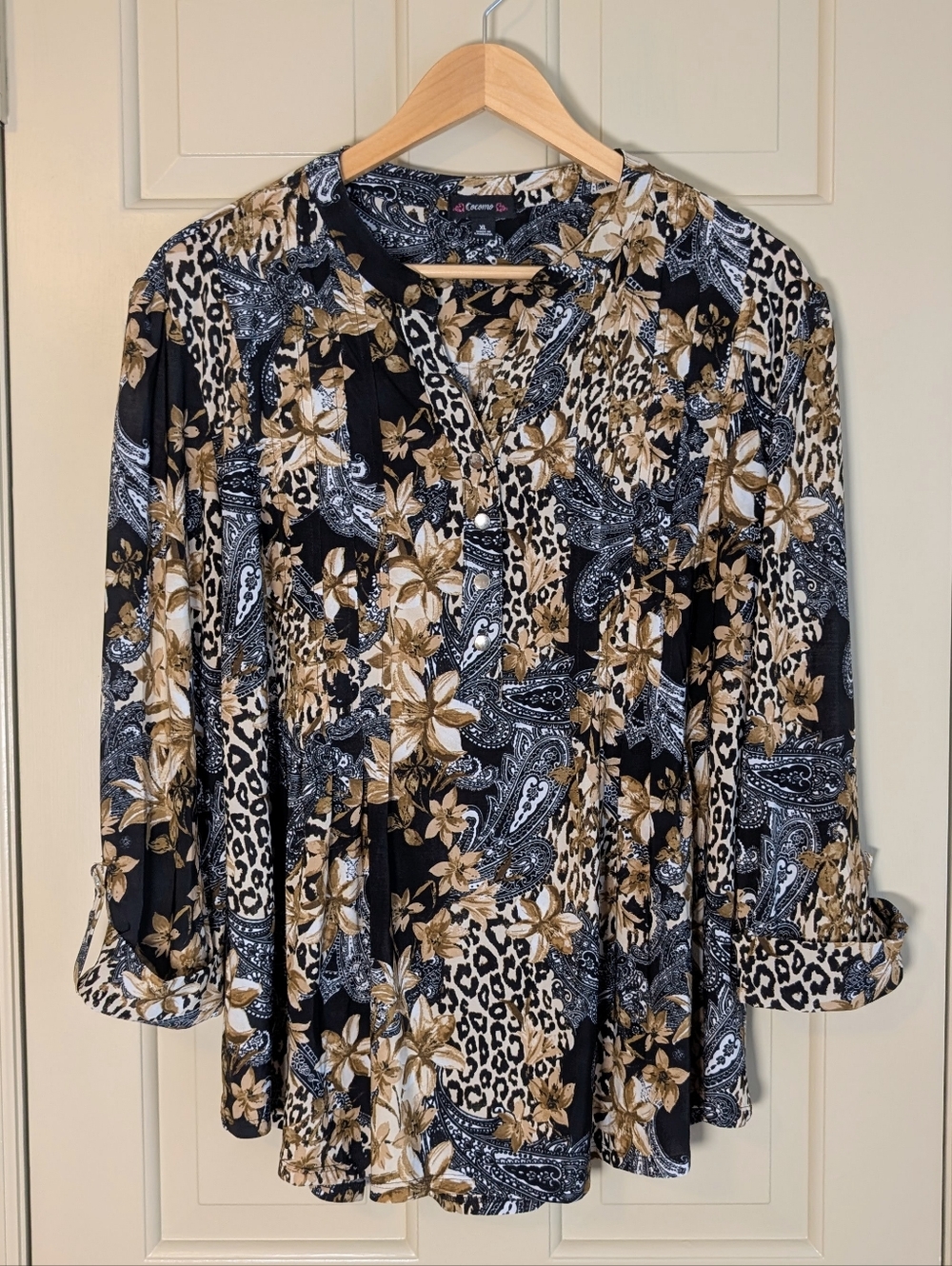 Cocomo Blouse Black Brown Tan Leopard Floral Paisley 3/4 Sleeve Top Size XL